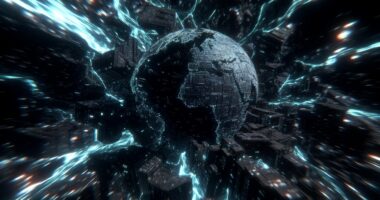 Futuristic digital globe with a circuit-like surface, glowing blue energy streams, and surrounding dark, blocky structures resembling a sci‑fi cityscape.