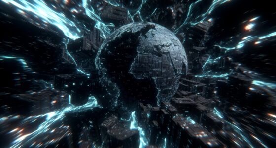 Futuristic digital globe with a circuit-like surface, glowing blue energy streams, and surrounding dark, blocky structures resembling a sci‑fi cityscape.